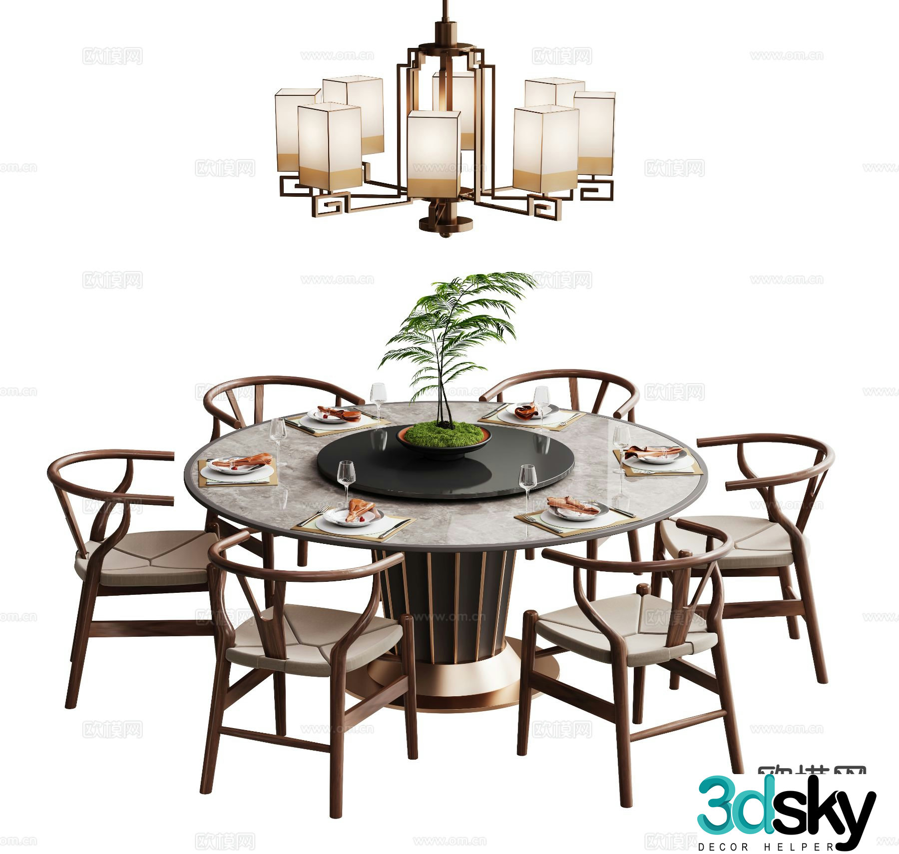 New Chinese style dining table and chairs round dining table 3d model