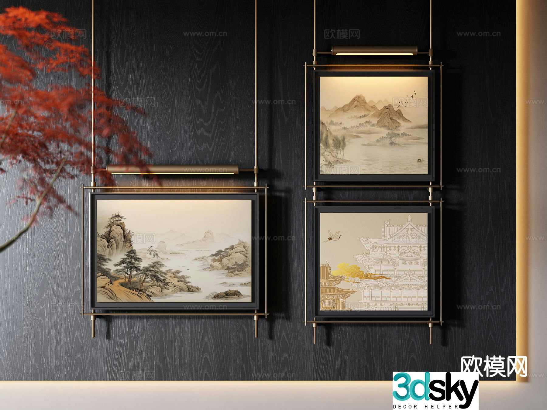 New Chinese style retro painting metal pole hanging painting 3d model