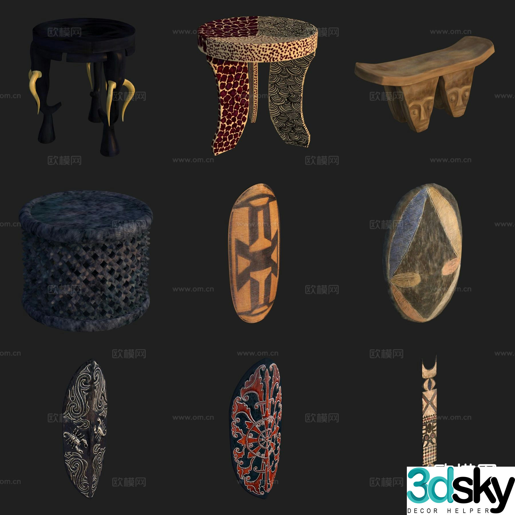 Crafts art ornaments ceramic plates wooden stools 3D model