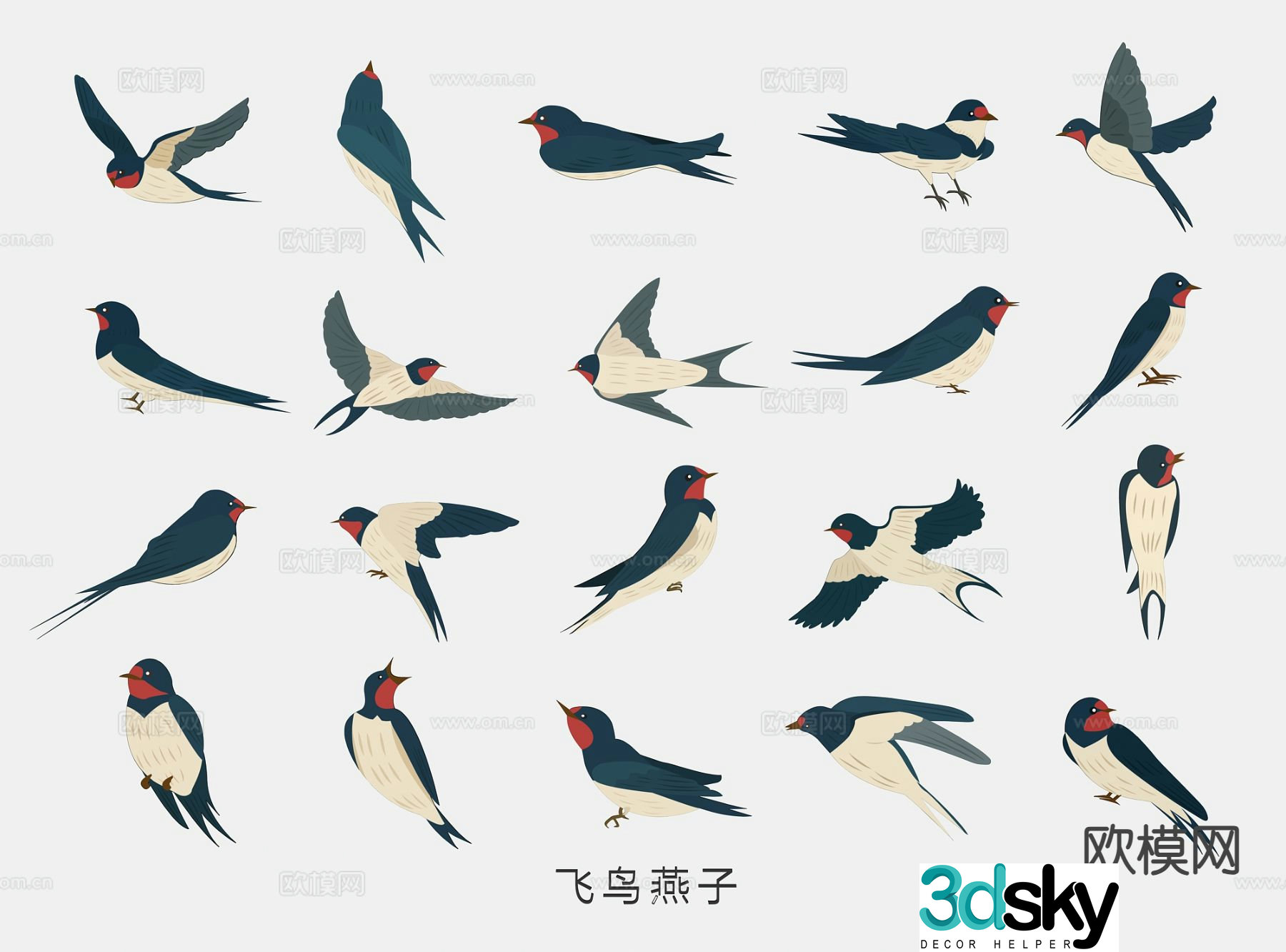 Spring swallow swallow wall decoration wall sticker illustration 3d model