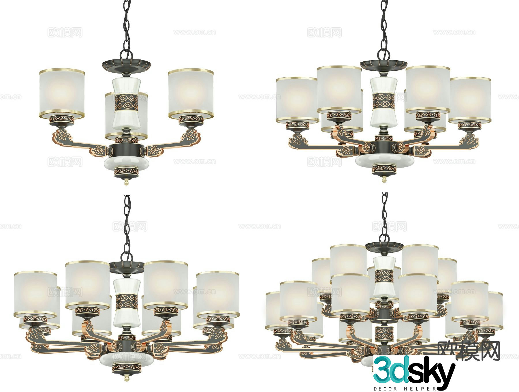 Chinese style multi-head chandelier 3d model