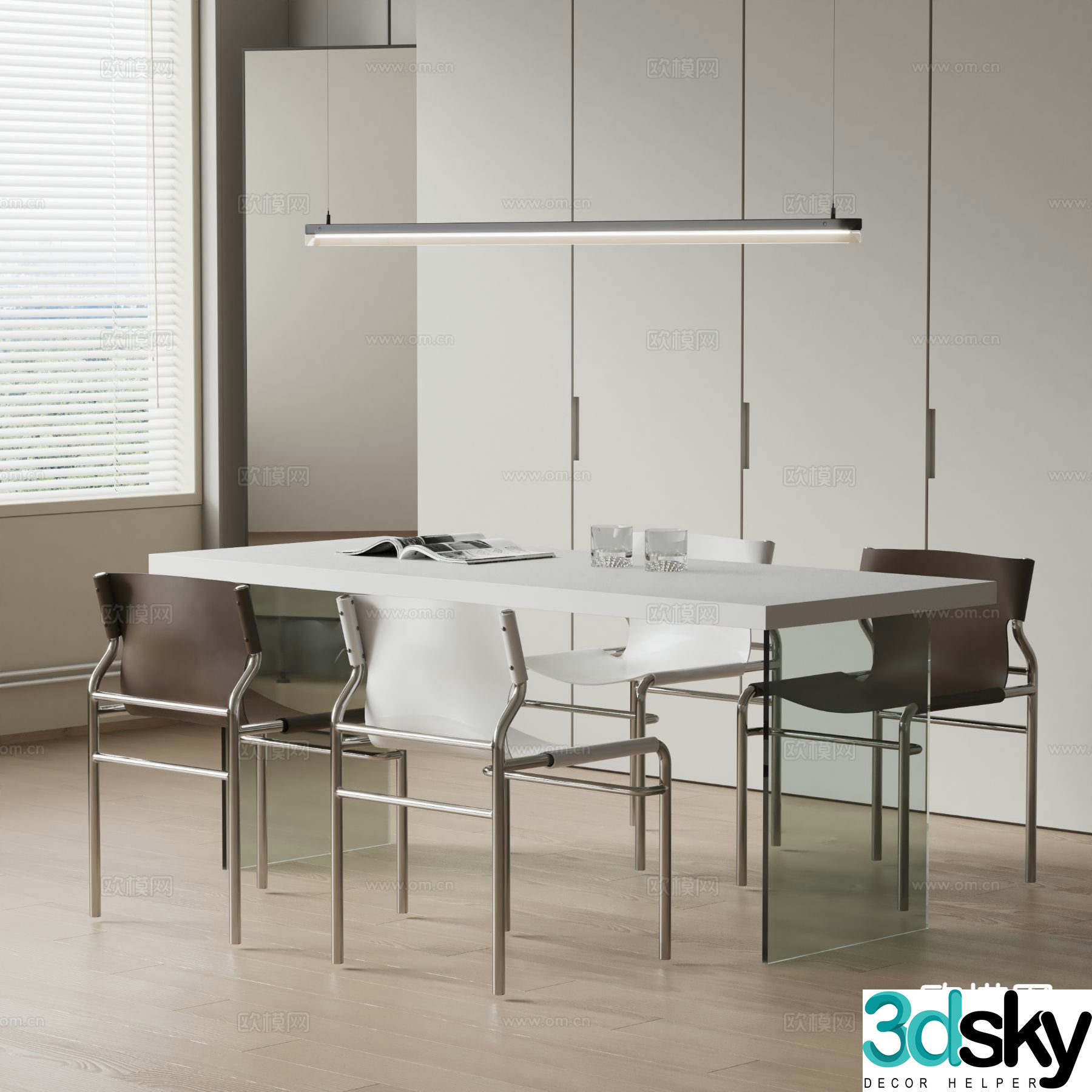 Modern long dining table and chairs 3d model