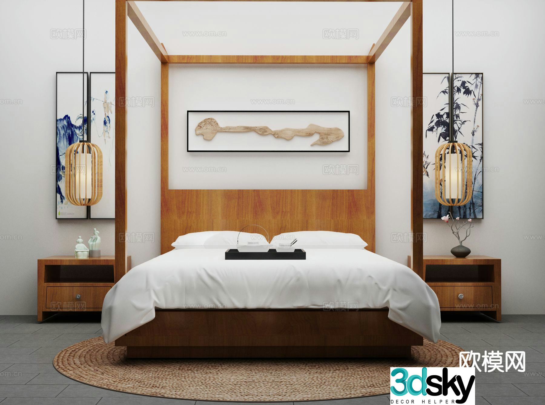 New Chinese style double bed 3d model