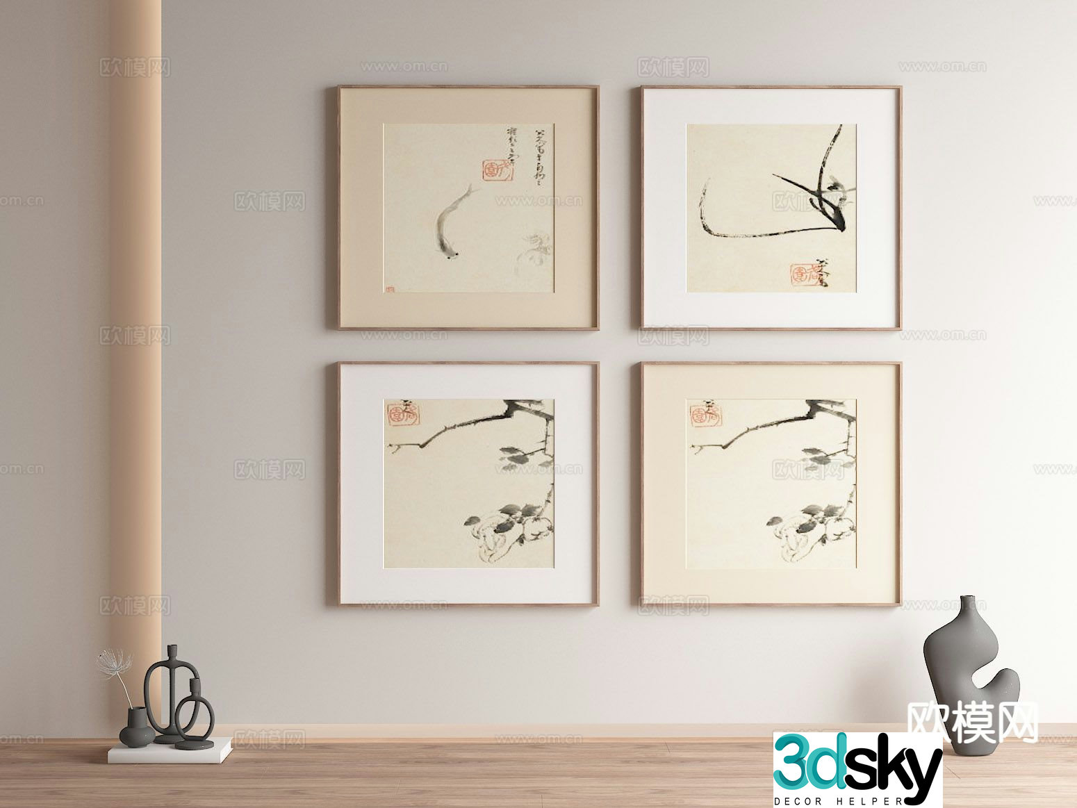 New Chinese style decorative painting calligraphy and painting Zen hanging painting 3D model