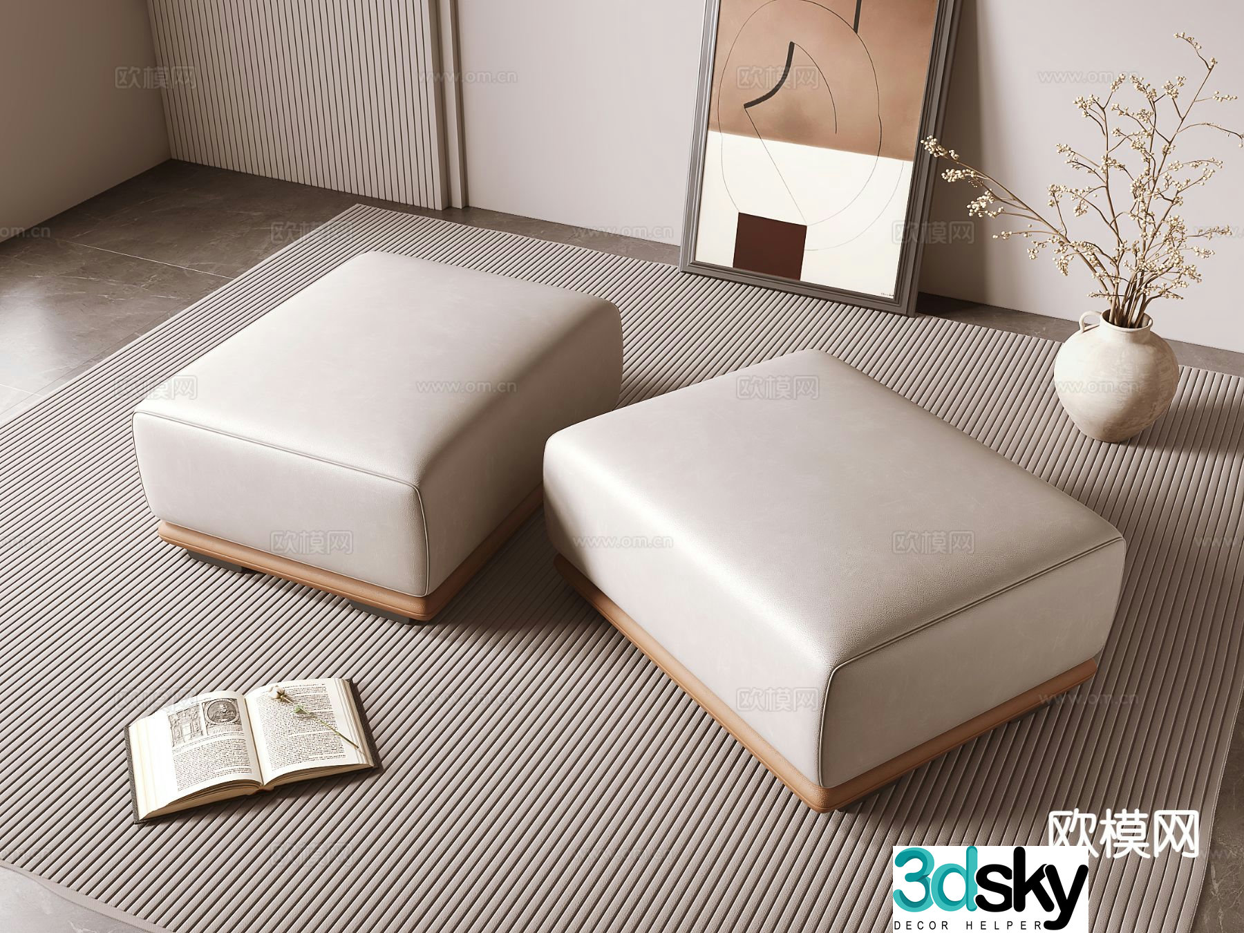 Italian sofa stool footrest leather stool 3d model