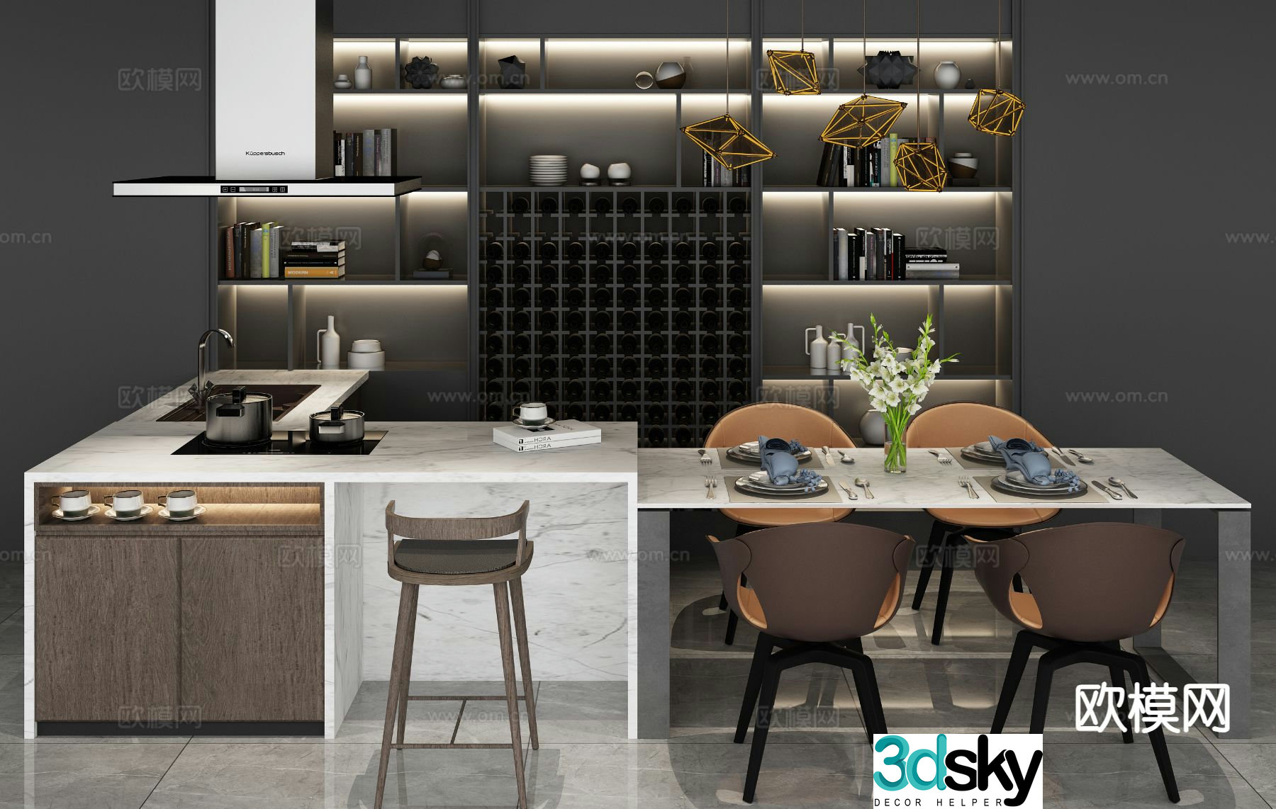 Italian island bar dining table and chairs 3d model
