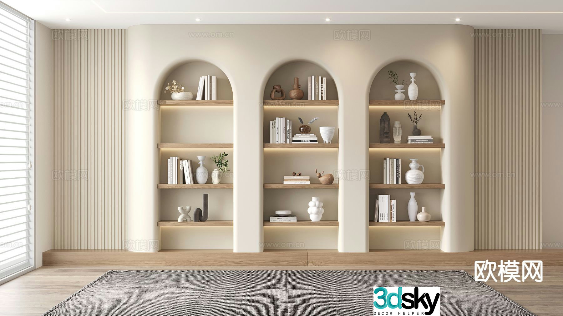 Wabi-sabi round arch bookshelf storage rack decorative rack 3D model