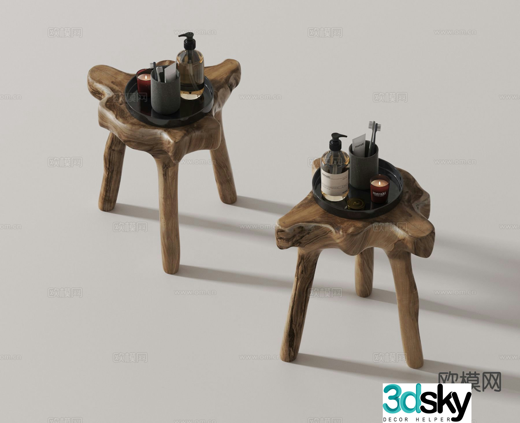 Log style wooden stool stool 3d model