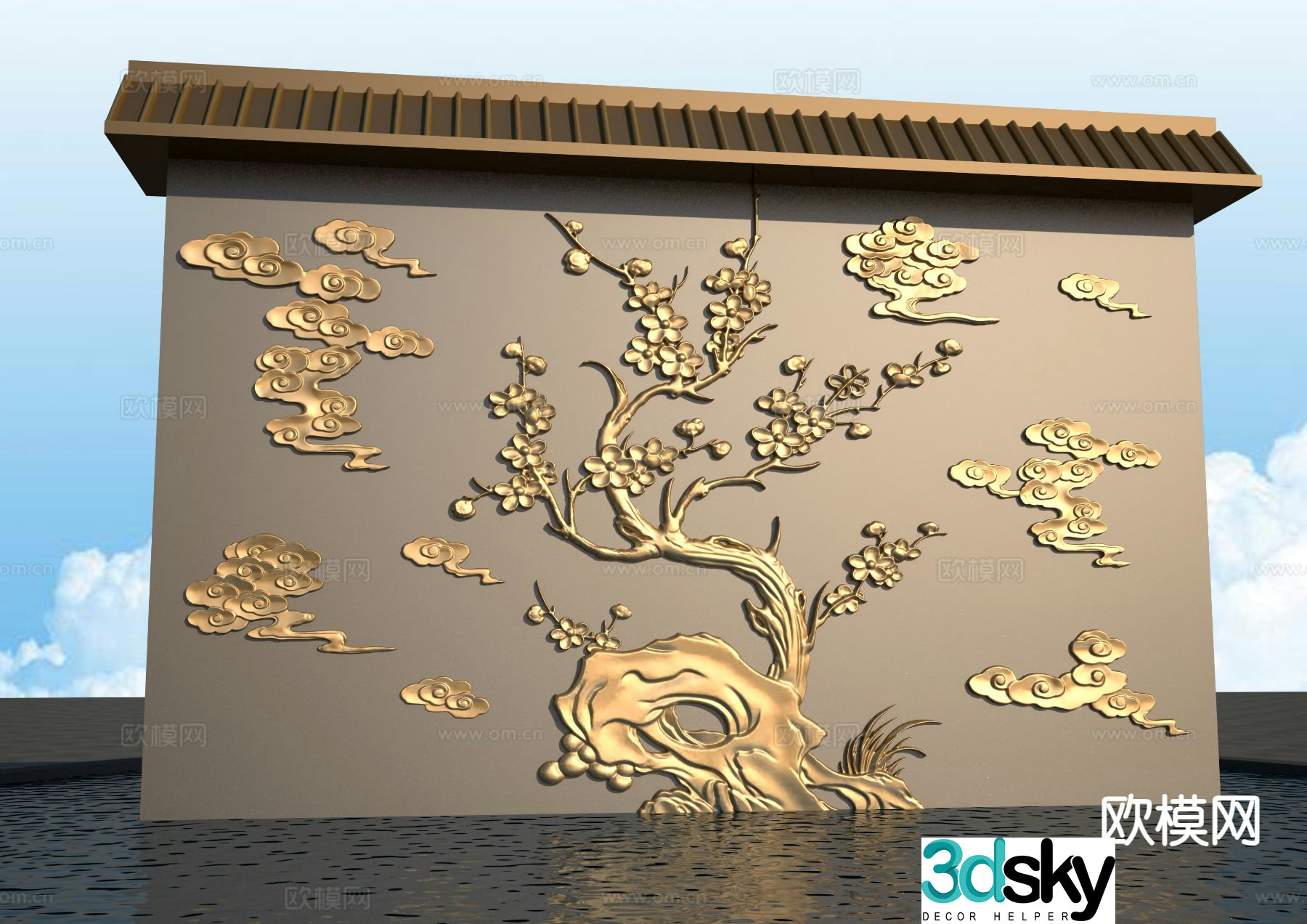 New Chinese style plum blossom relief landscape wall 3D model