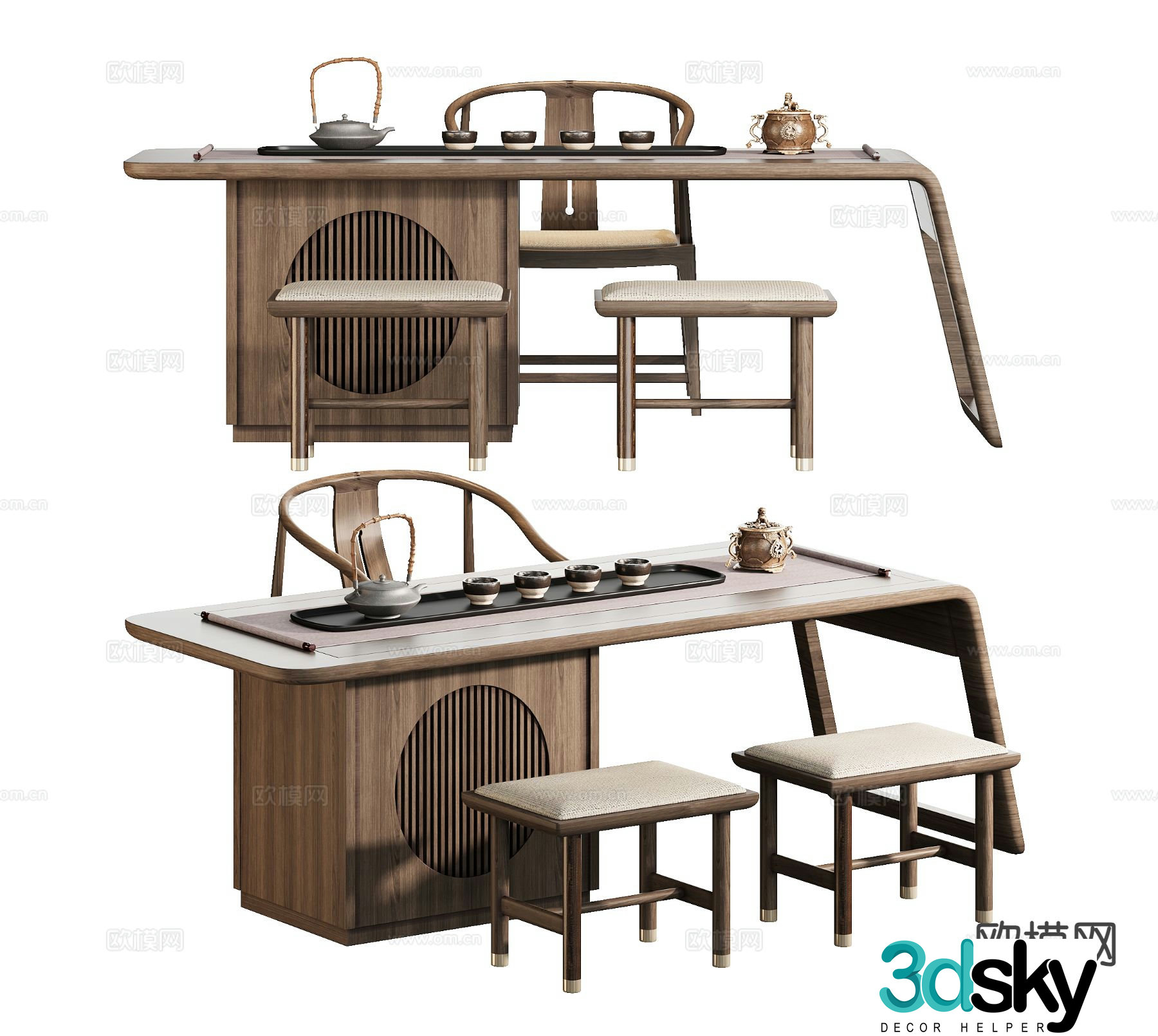 New Chinese tea table and chairs 3d model
