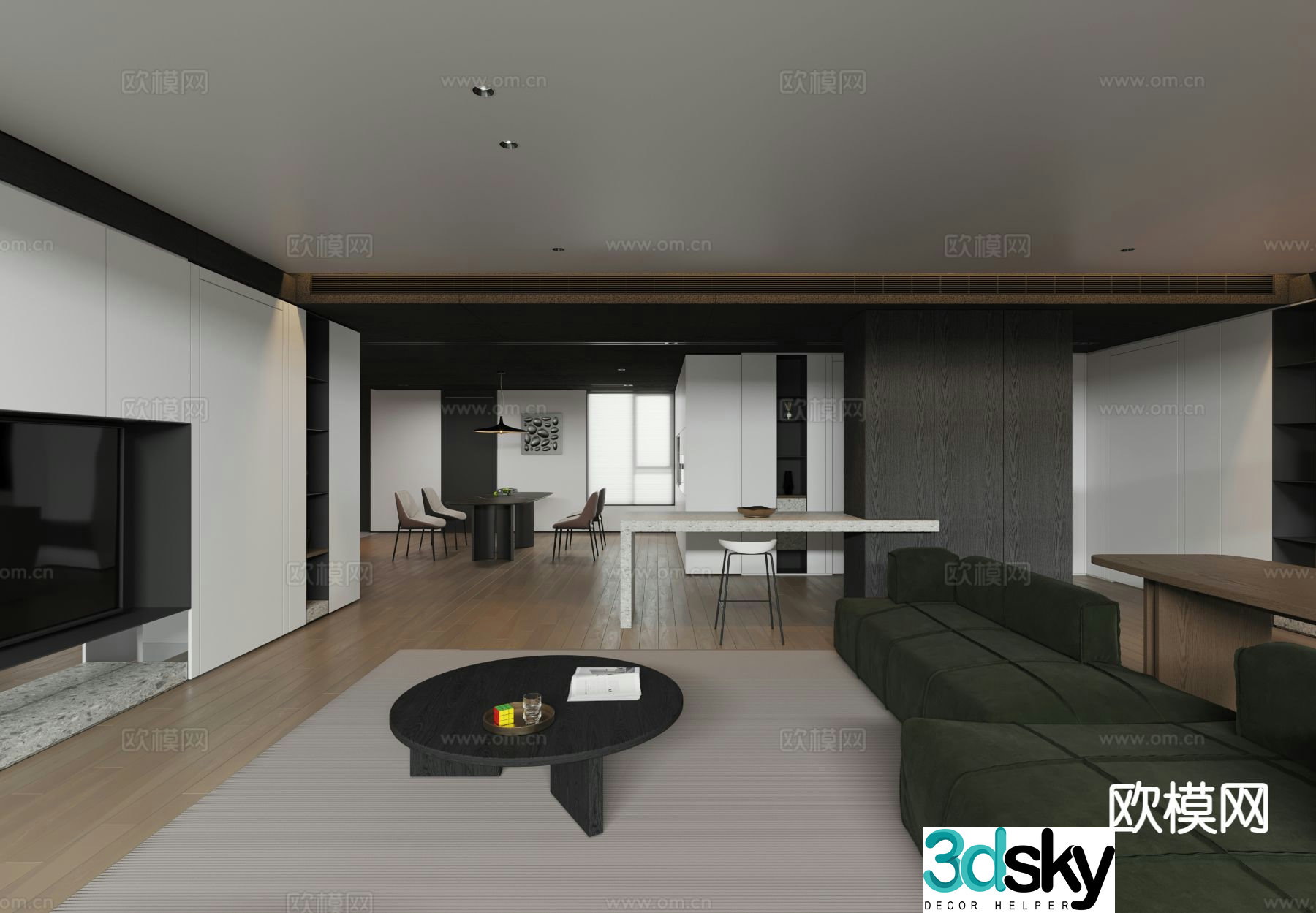 Black and white gray guest restaurant minimalist guest restaurant horizontal hall large flat floor 3D model