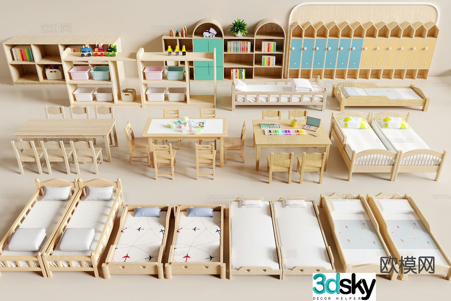 Modern kindergarten nap bed children’s table and chair 3d model