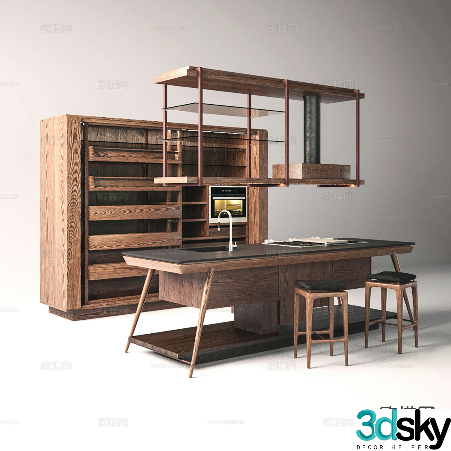 Log style bar wine cabinet island 3D model