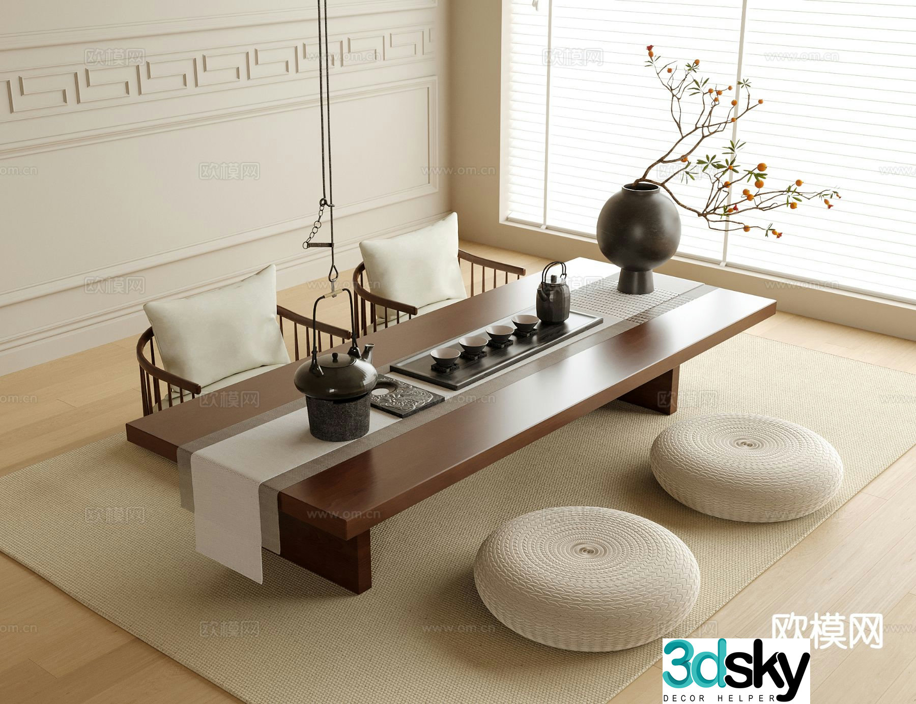 New Chinese style tatami tea table and chairs tea set 3d model