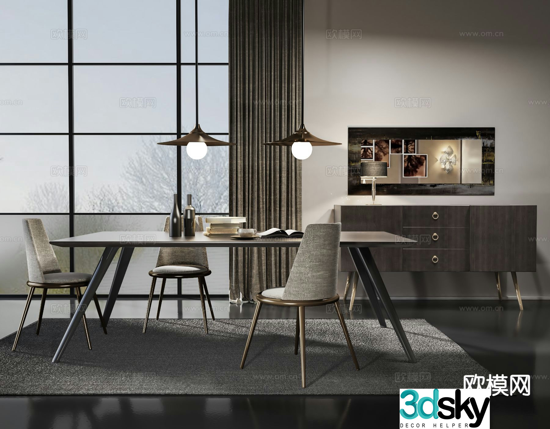 Modern long dining table and chairs 3d model