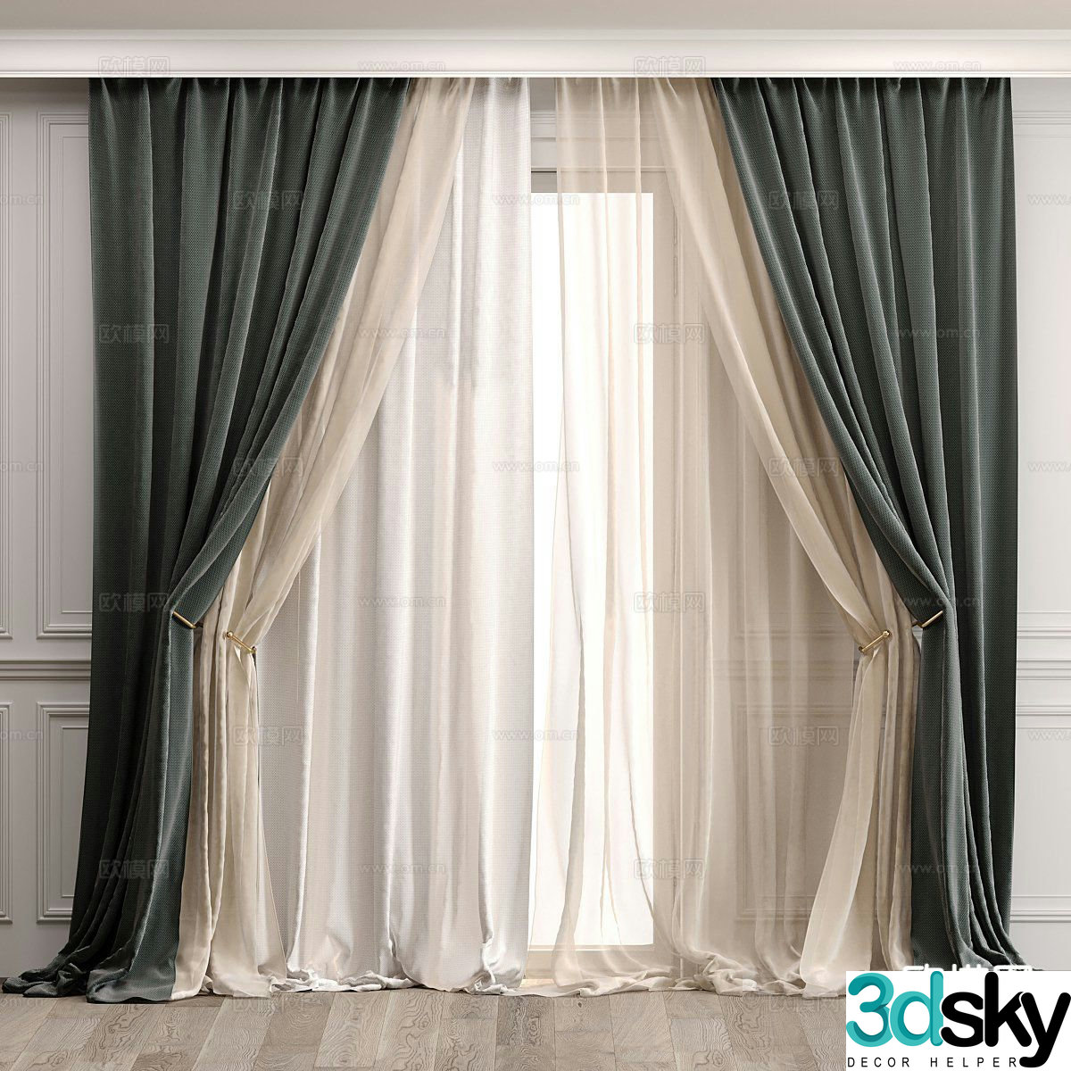 Fabric curtain curtain box three-layer curtain gauze curtain 3D model
