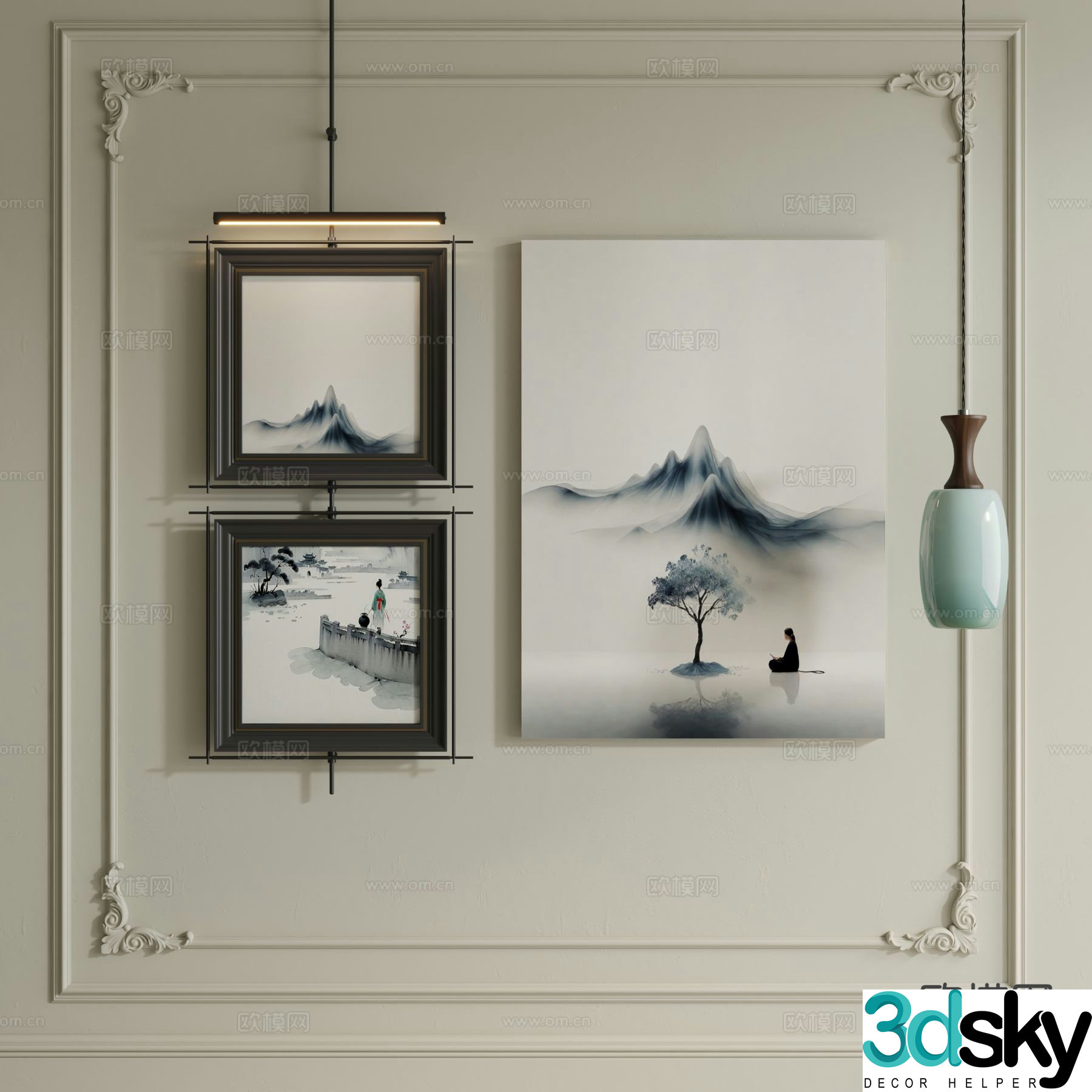 New Chinese style ink painting hanging rod decorative painting landscape hanging painting 3D model