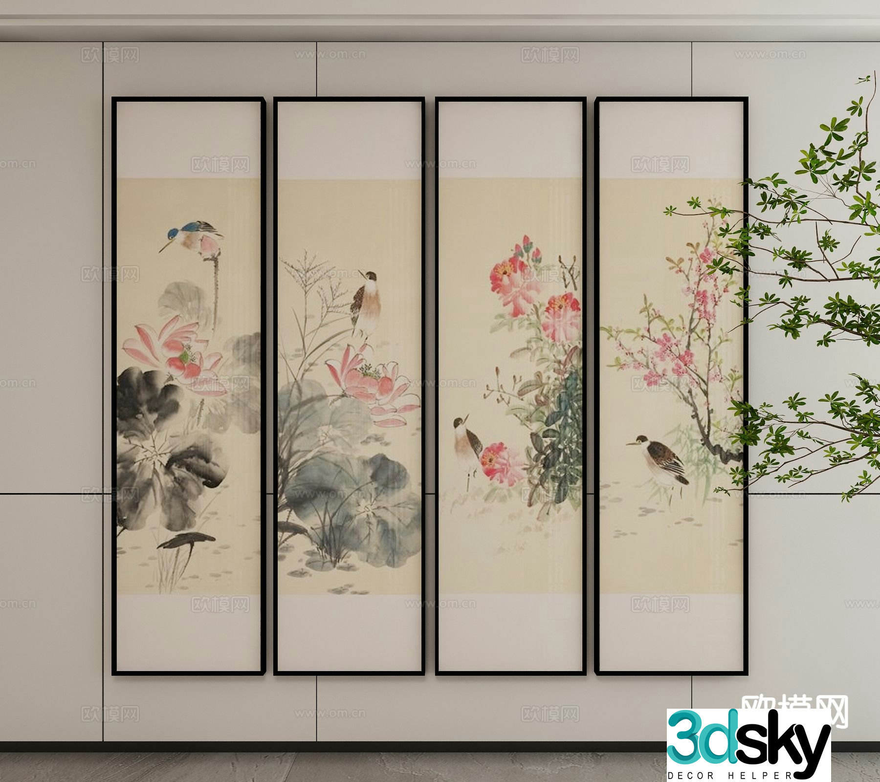 New Chinese style ink painting flower and bird painting decorative painting 3D model