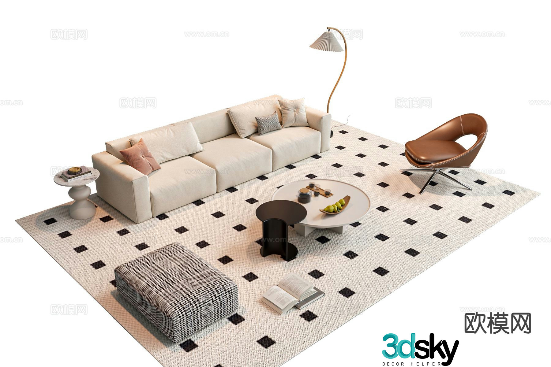 Cream style sofa combination sofa coffee table combination sofa stool 3d model