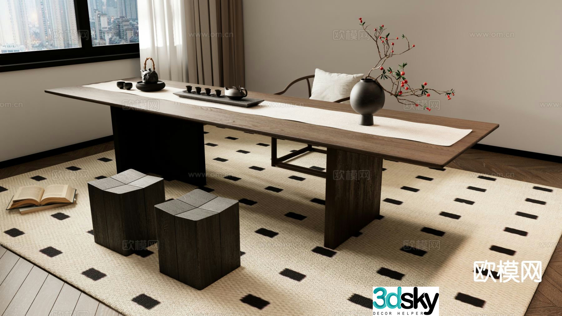 New Chinese tea table and chairs 3d model