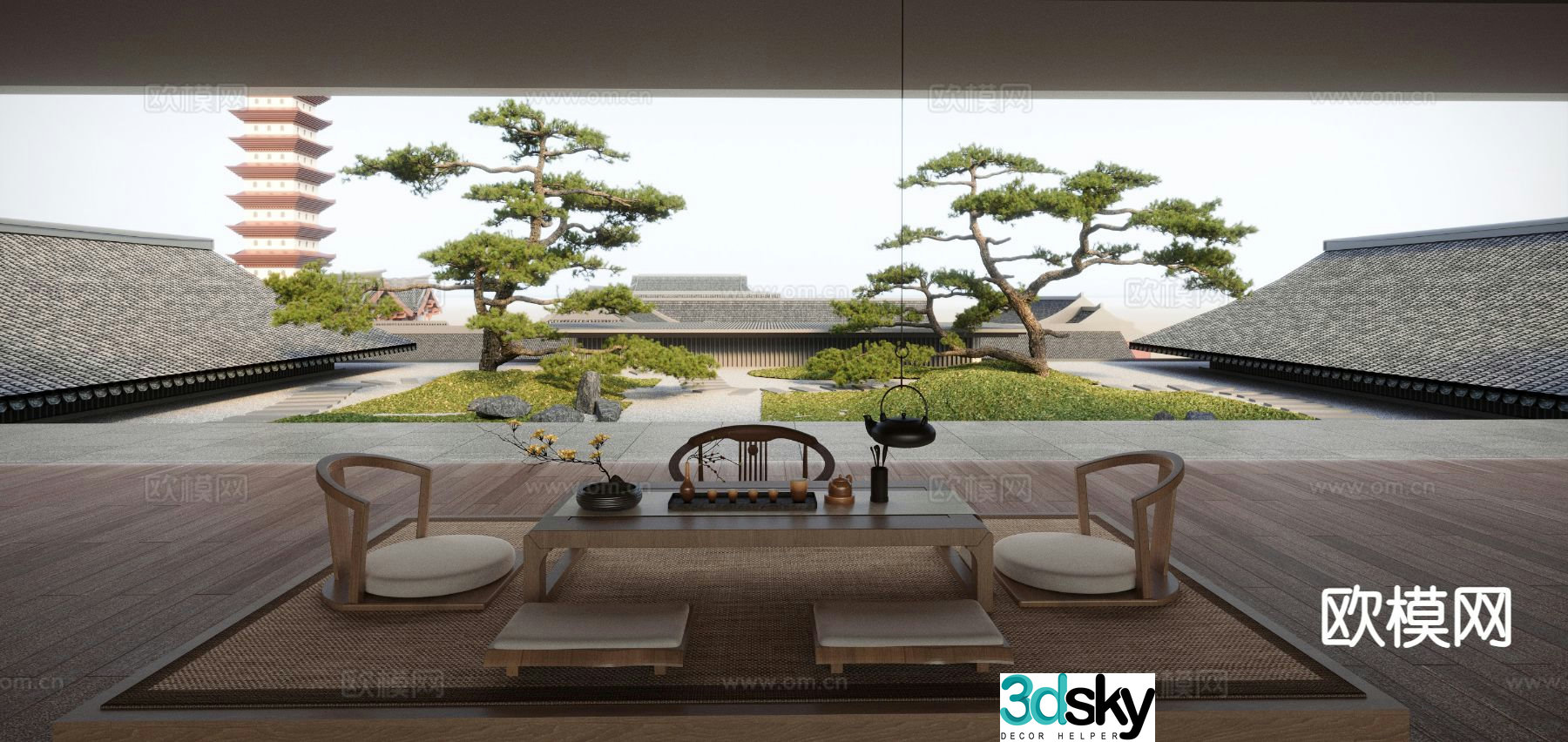 Chinese Zen courtyard tatami tea room 3D model