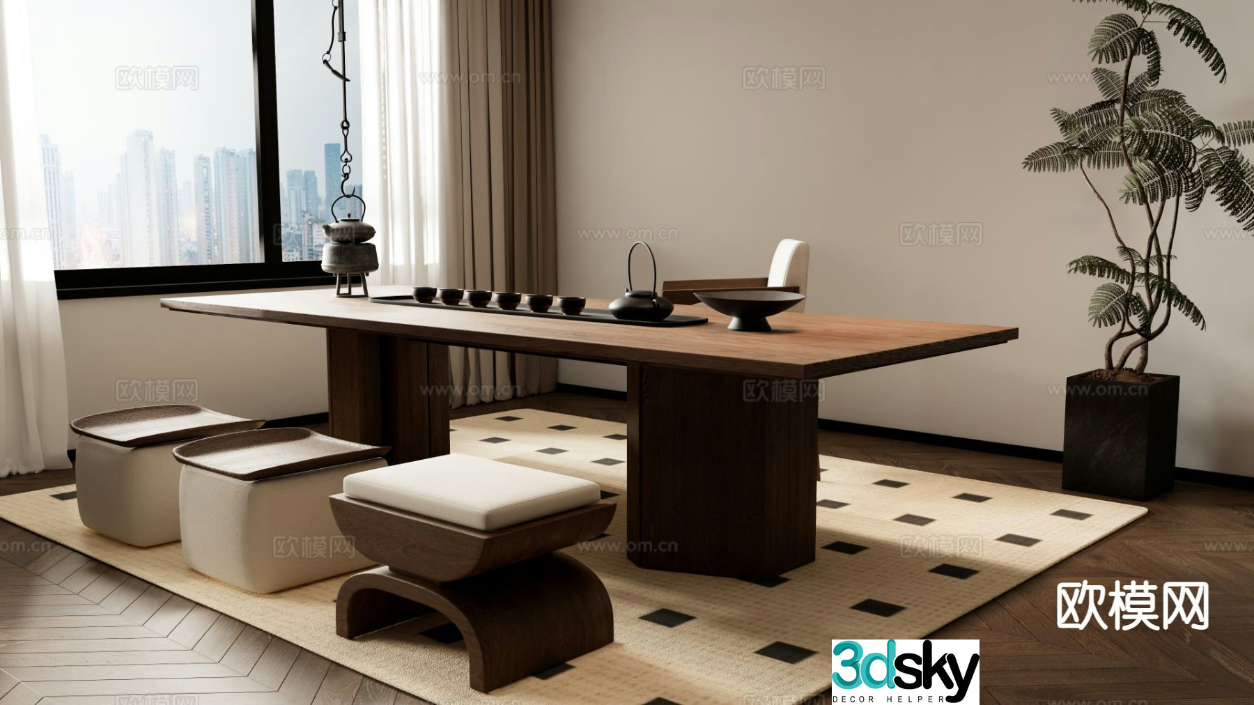 New Chinese style tea table and chairs wooden table 3d model