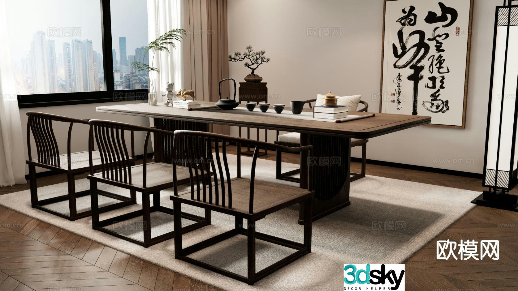 New Chinese tea table and chairs 3d model