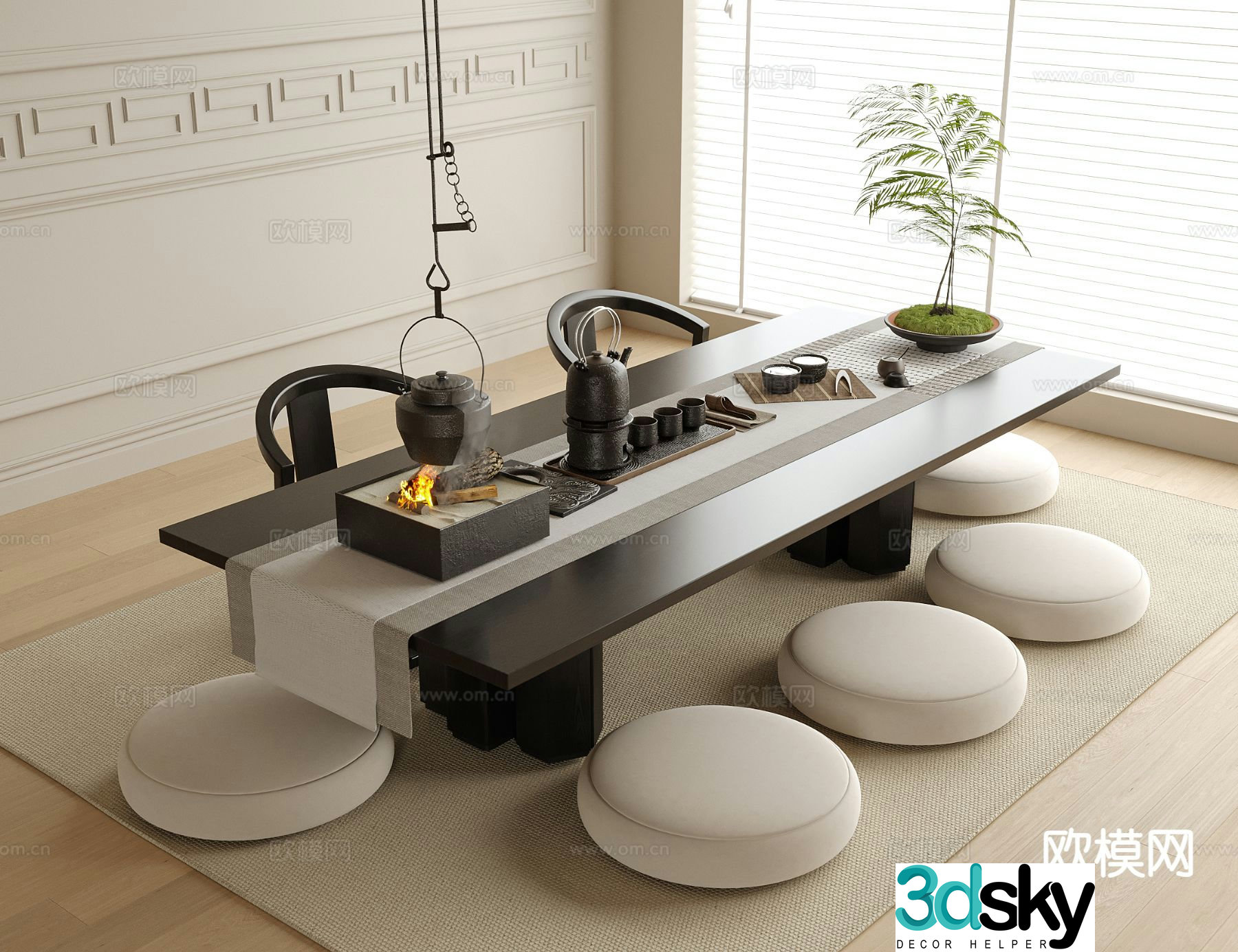 Chinese tatami tea table and chairs 3d model