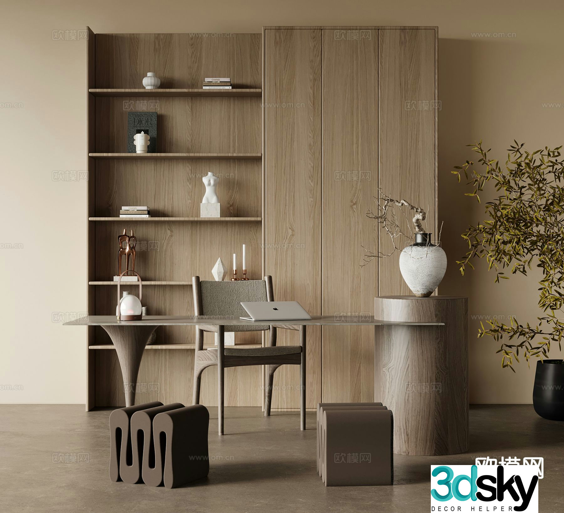 Wabi-sabi style tea cabinet tea table and chair 3d model