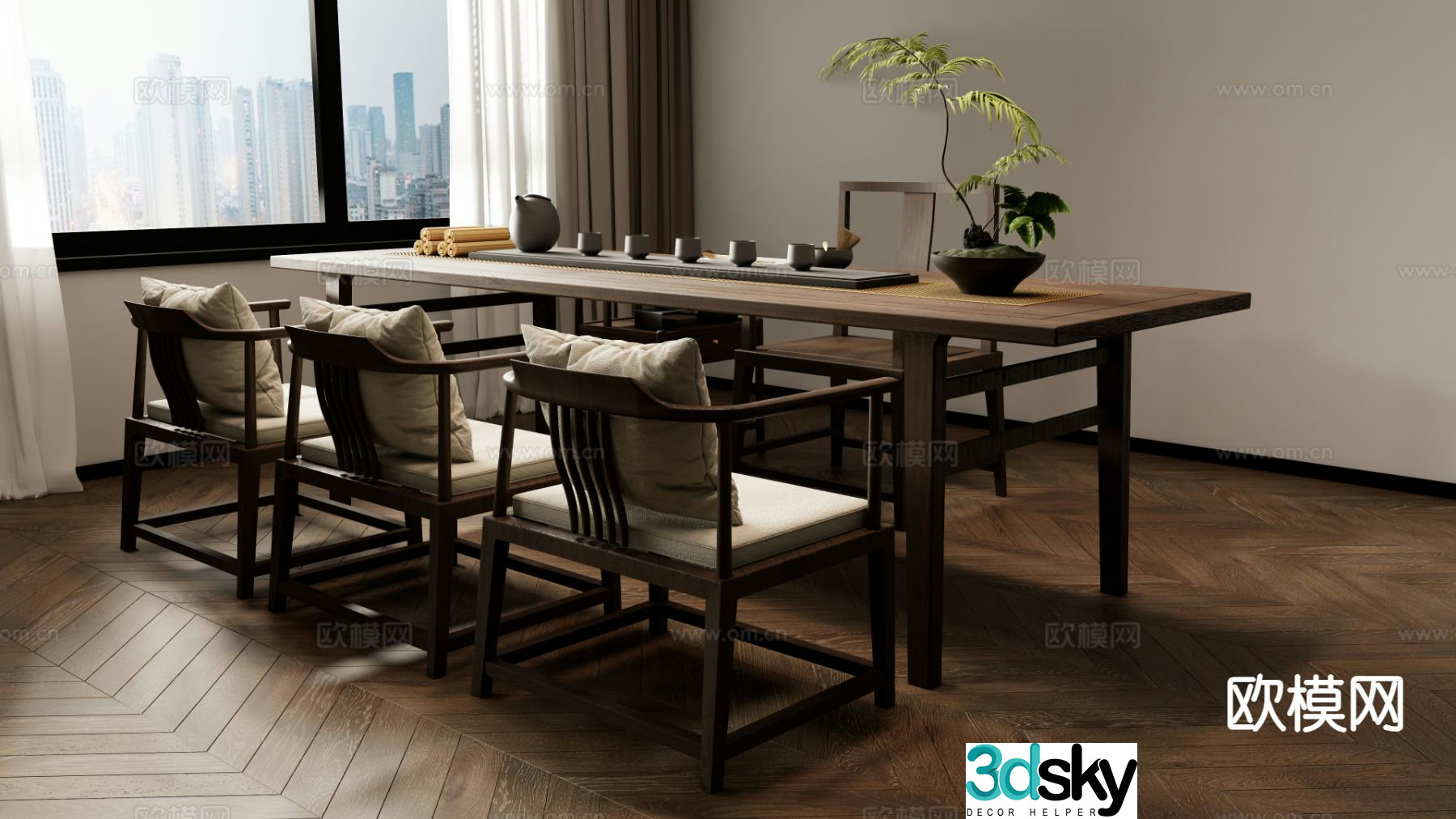 New Chinese tea table and chairs 3d model