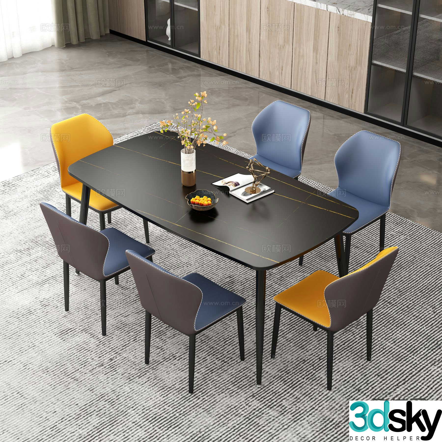 Modern long dining table and chairs 3d model