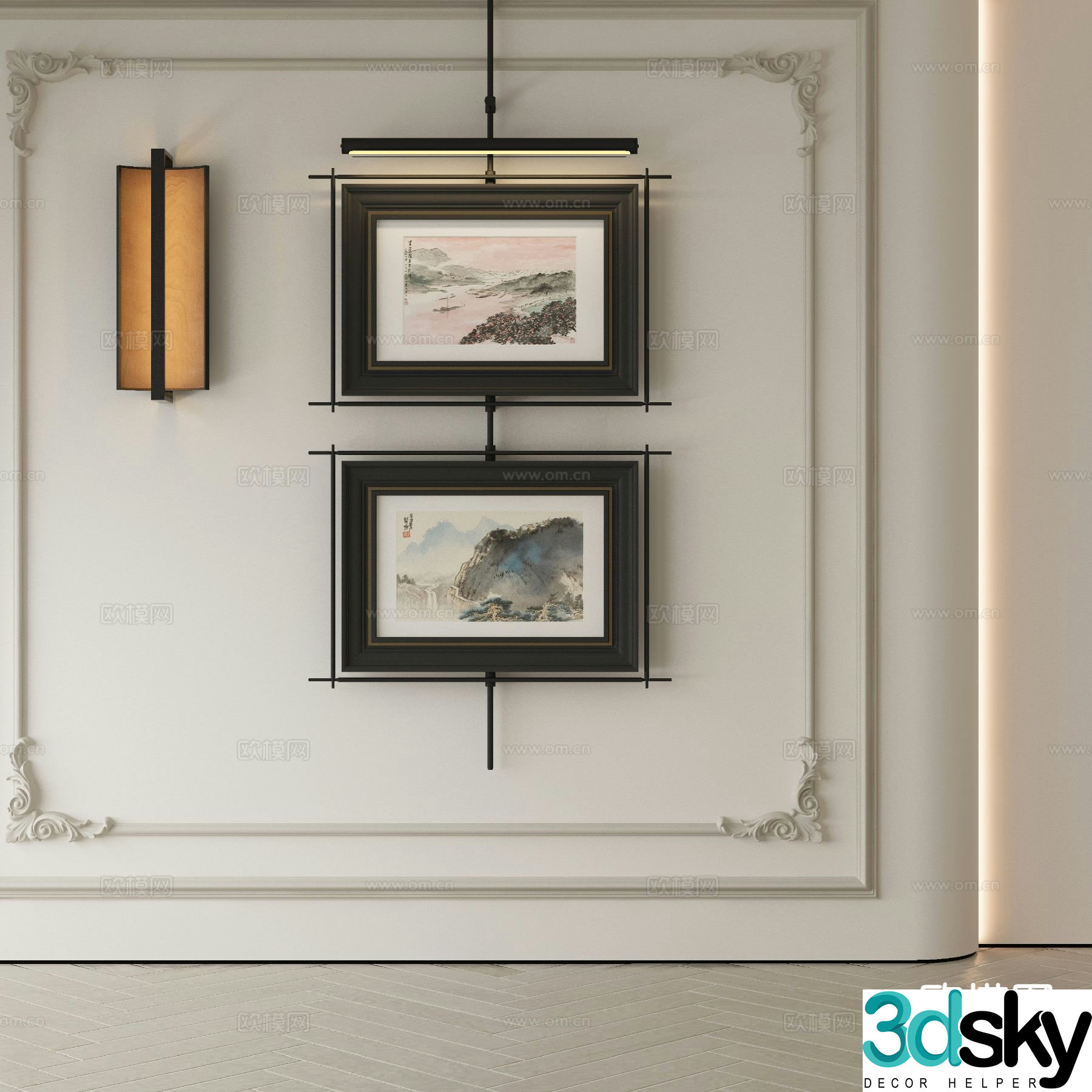 New Chinese style decorative painting combination painting metal pole hanging painting 3D model