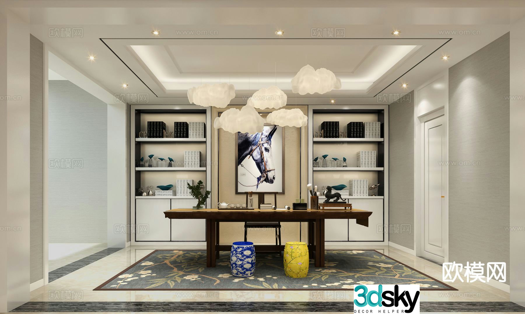 New Chinese style study underground billiard room 3D model