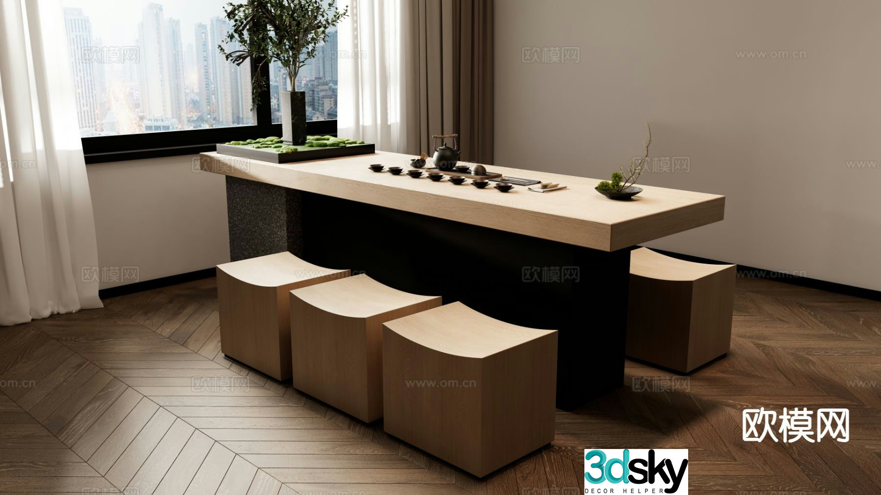 New Chinese style tea table and chairs wooden table 3d model