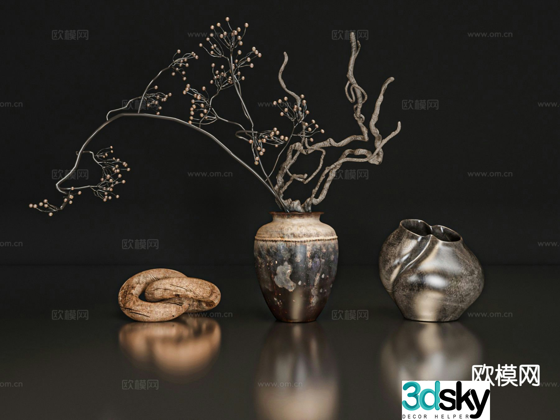 Wabi-sabi style ornaments vase dead branches 3D model