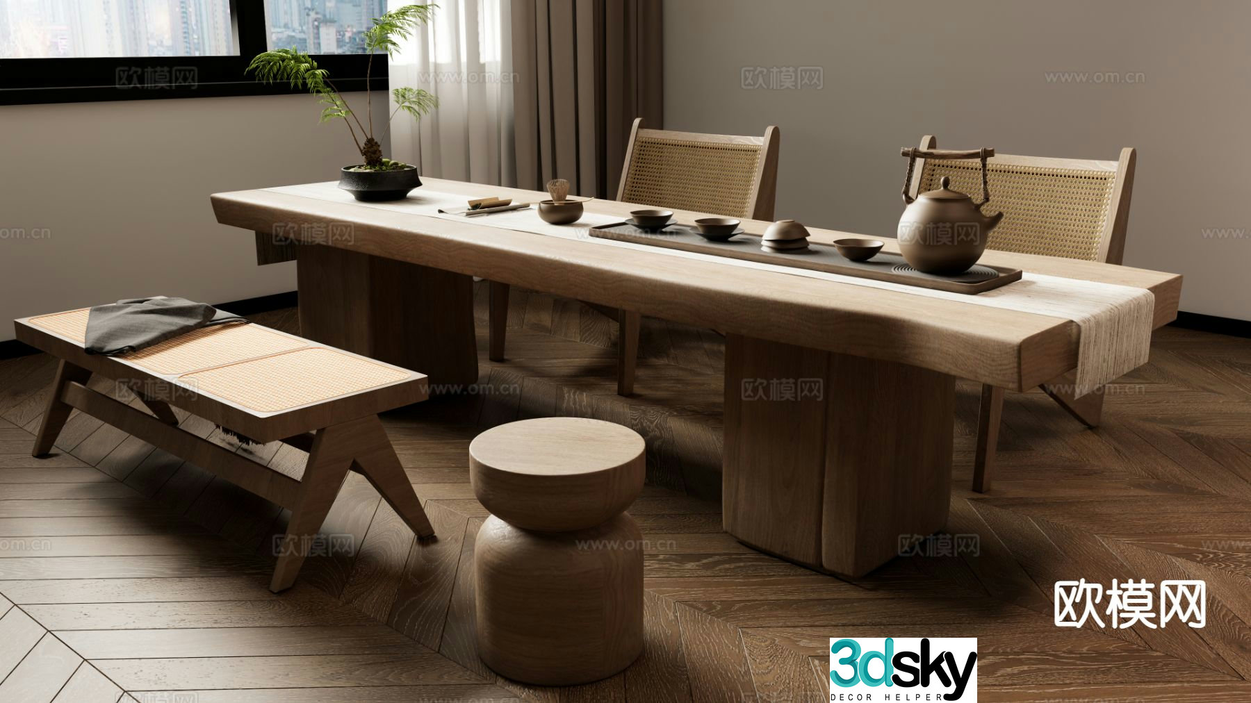 New Chinese tea table and chairs tea table wooden table 3d model