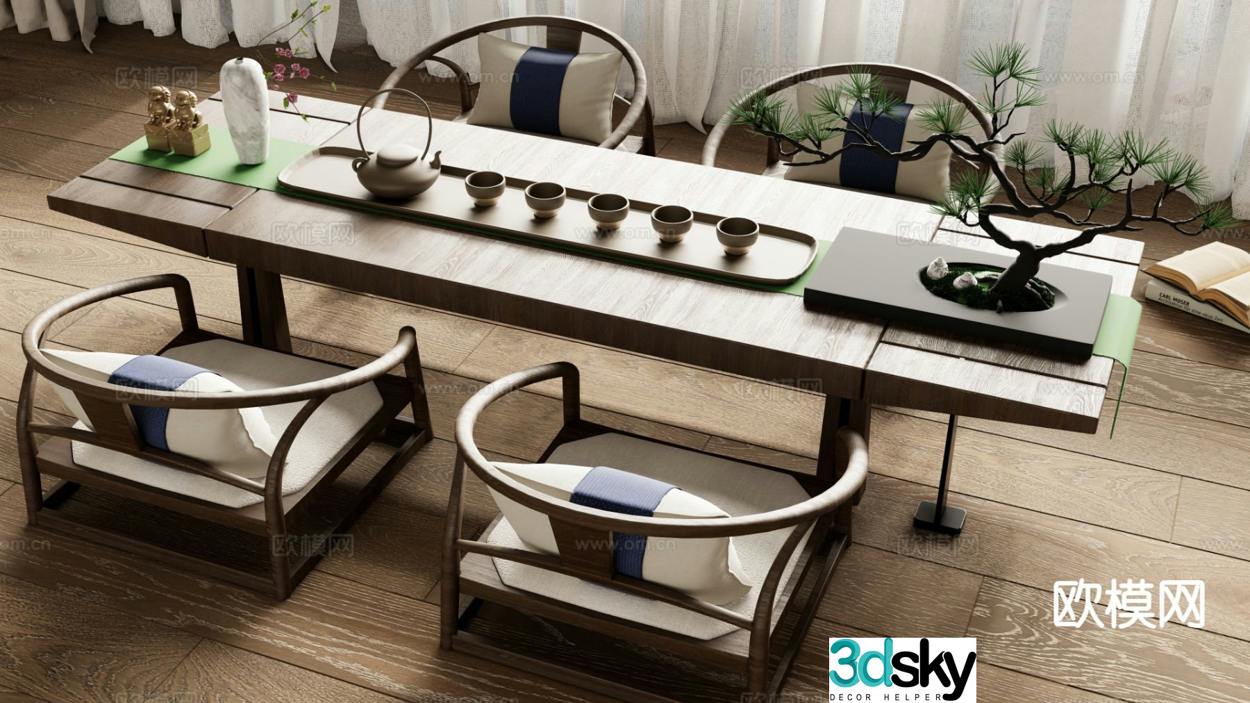New Chinese style tatami tea table and chairs 3d model