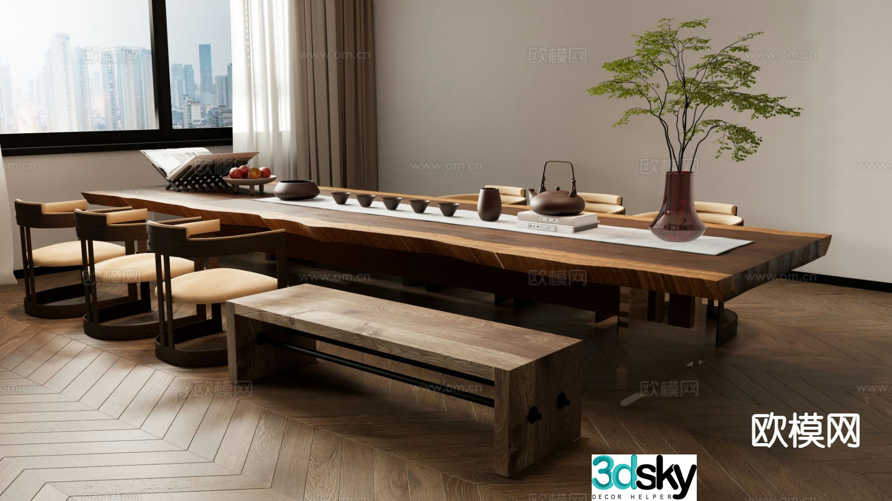 New Chinese tea table and chairs tea table bench 3d model