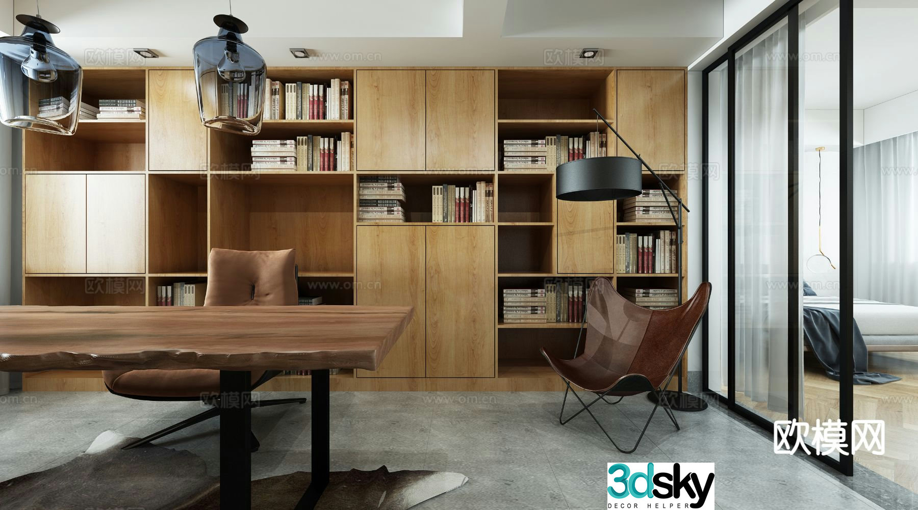 Nordic book chair bookshelf desk floor lamp 3d model