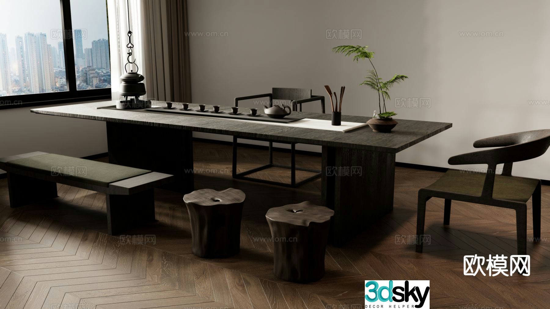 New Chinese tea table and chairs 3d model