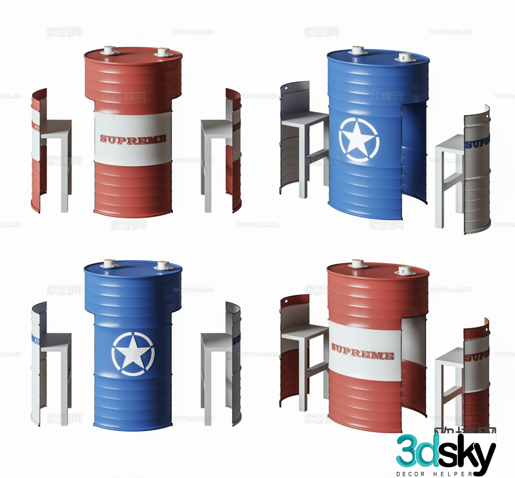 Industrial style leisure table and chairs 3d model