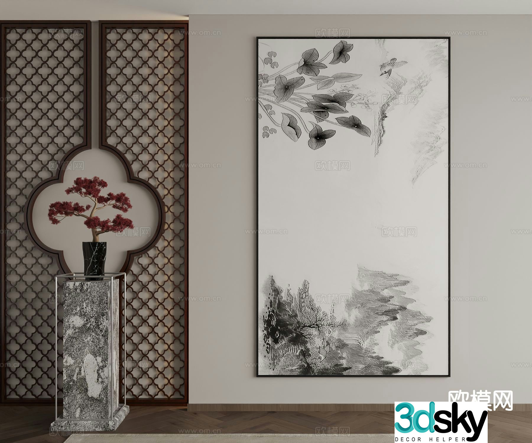 New Chinese style decorative painting ink painting 3D model