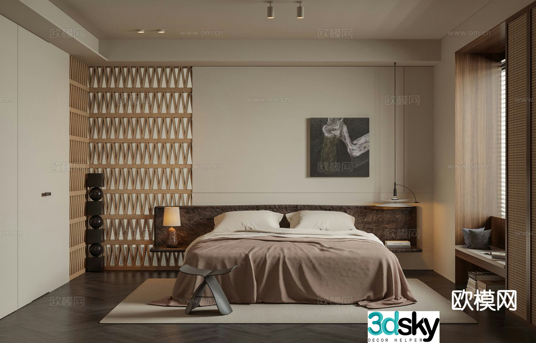 Wabi-sabi style bedroom master bedroom retro bedroom 3d model