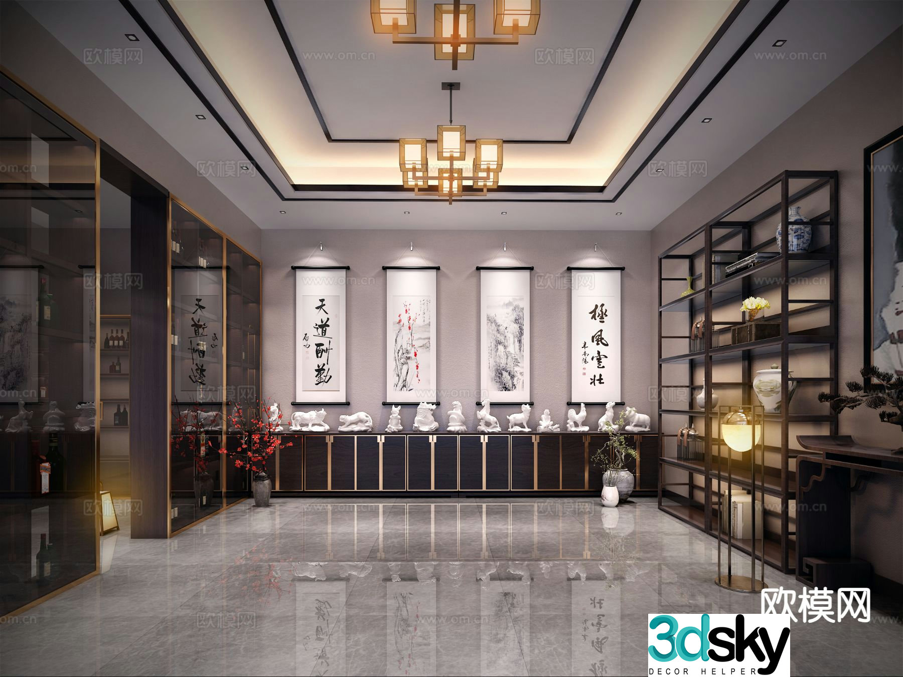 New Chinese style study collection room 3D model
