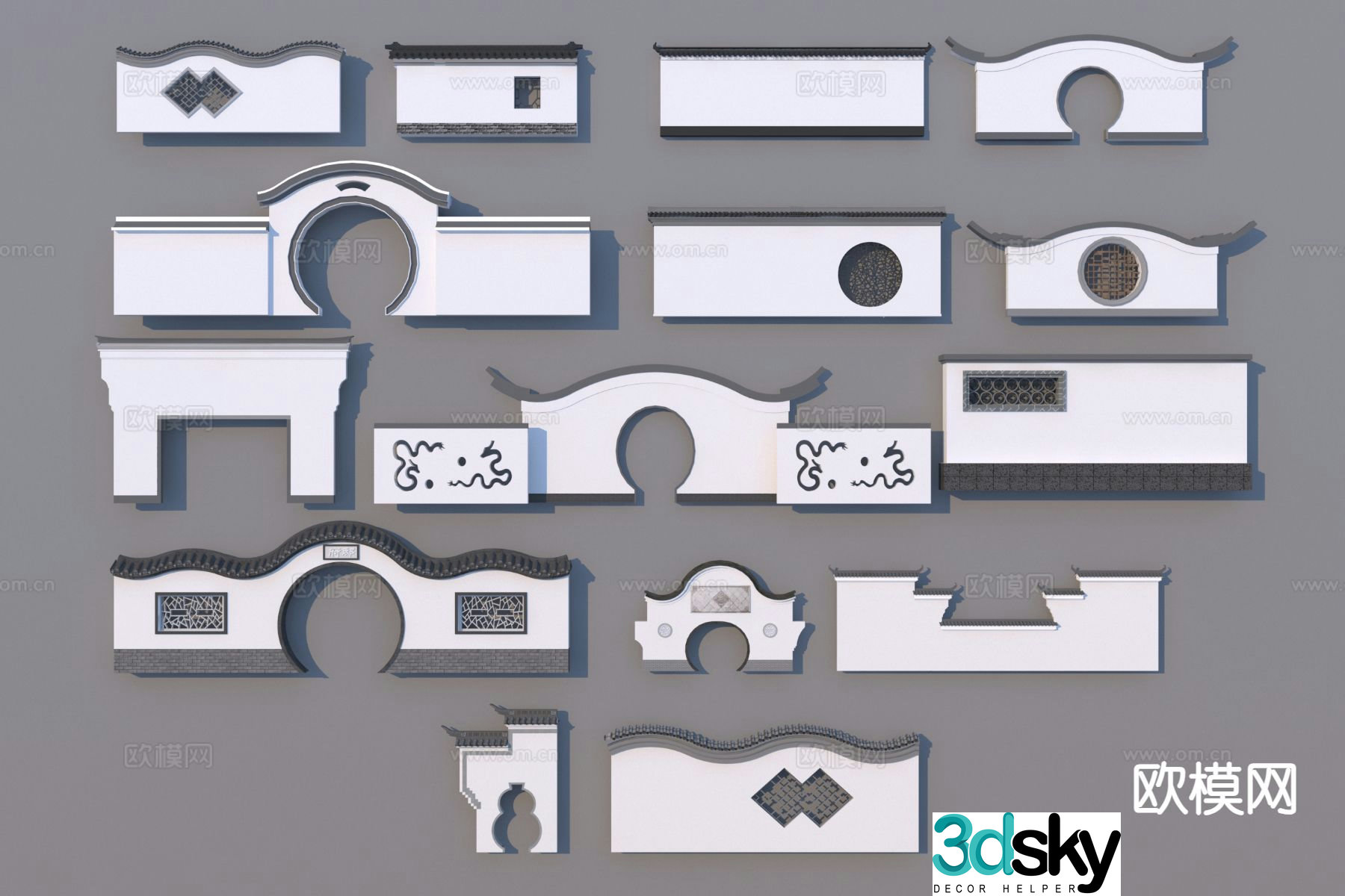New Chinese style Huizhou landscape wall 3D model