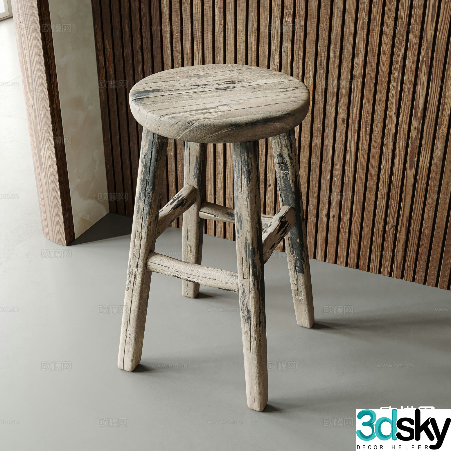 Wabi-sabi style bar stool bar chair solid wood bar chair 3D model