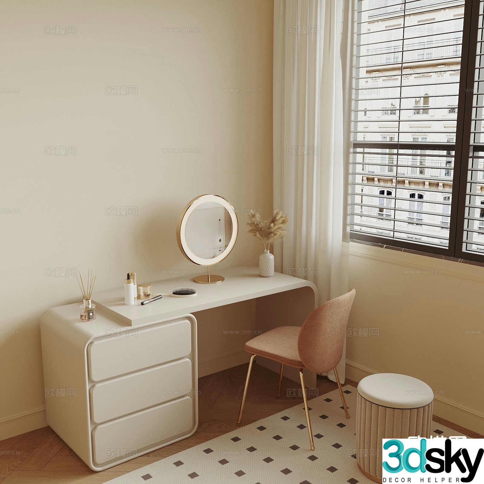 Cream style dressing table cosmetic mirror 3d model