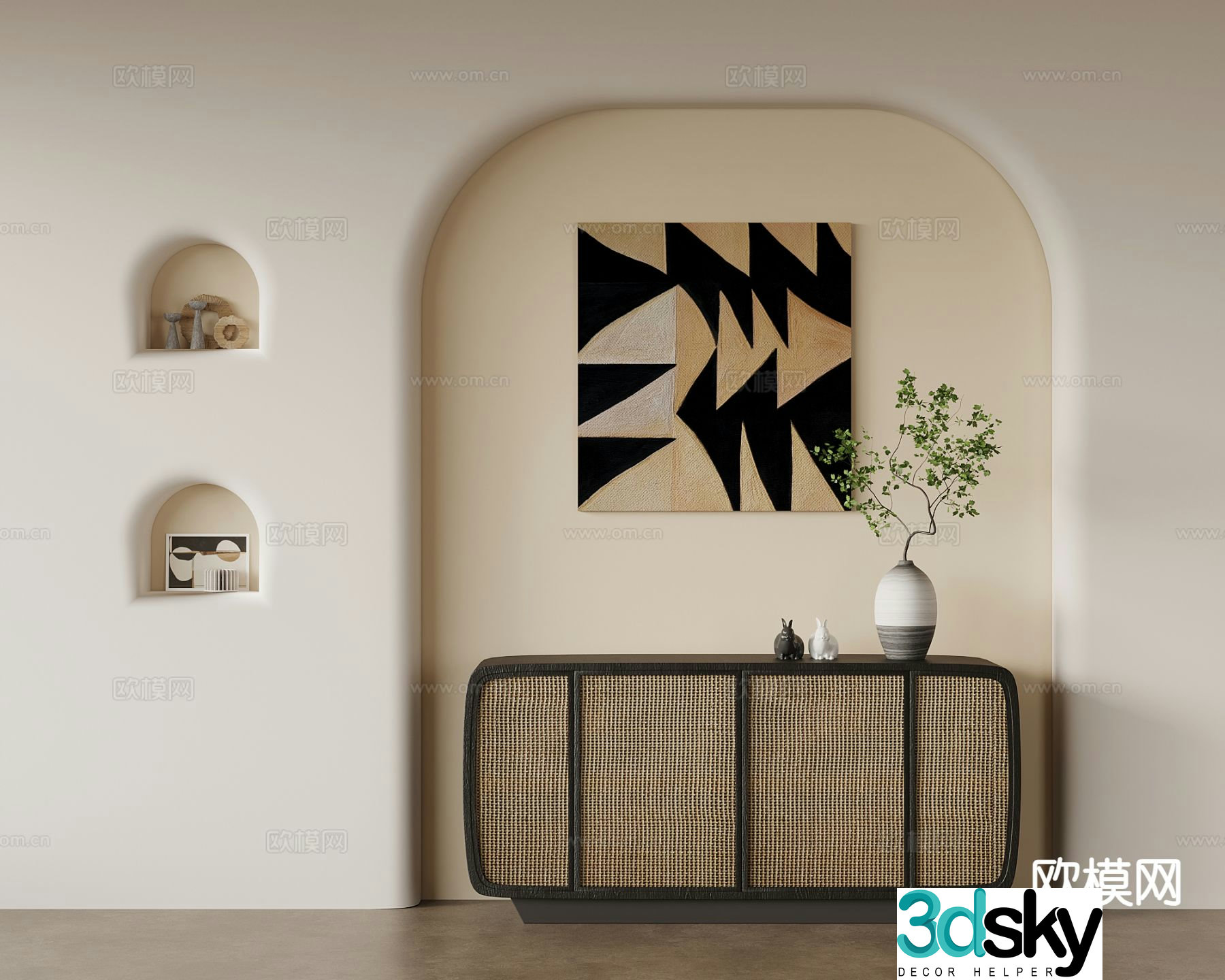 Wabi-sabi style entrance cabinet side cabinet rattan cabinet 3D model