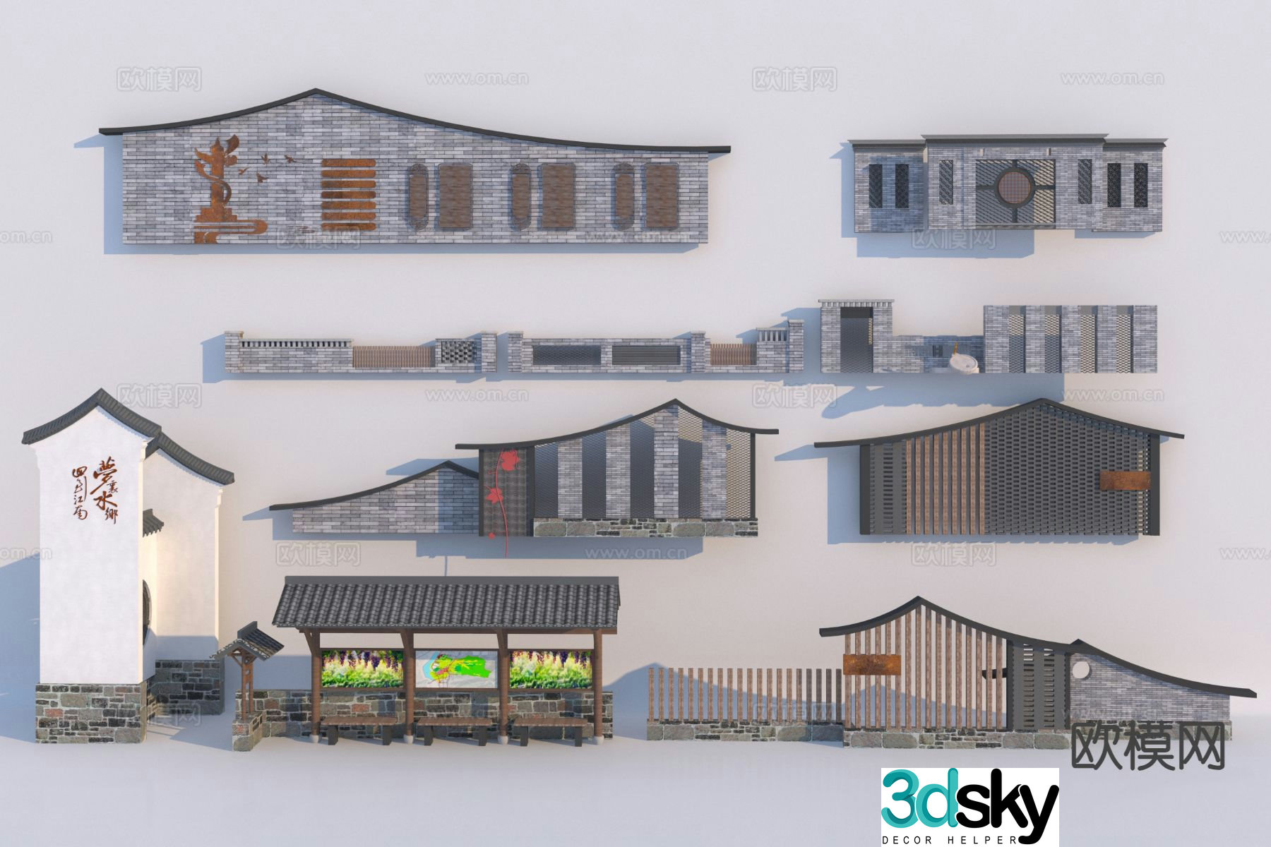 New Chinese style landscape wall Jiangnan cultural landscape wall 3D model
