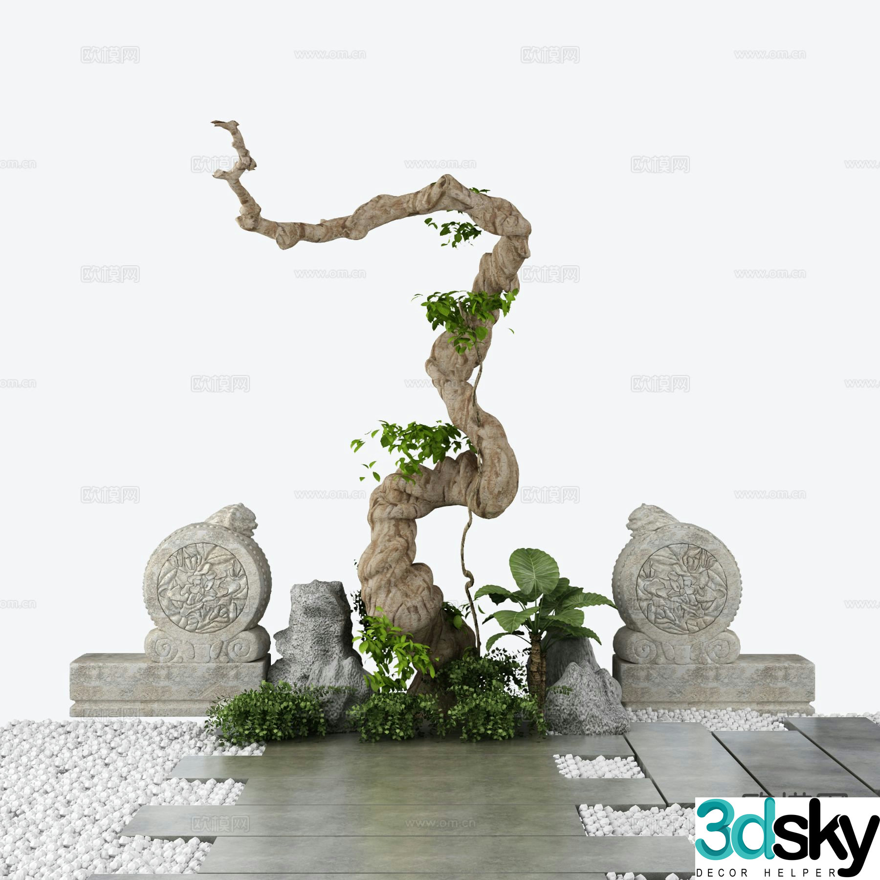 Chinese style wood branches door squatting fake stone landscape sketch 3D model